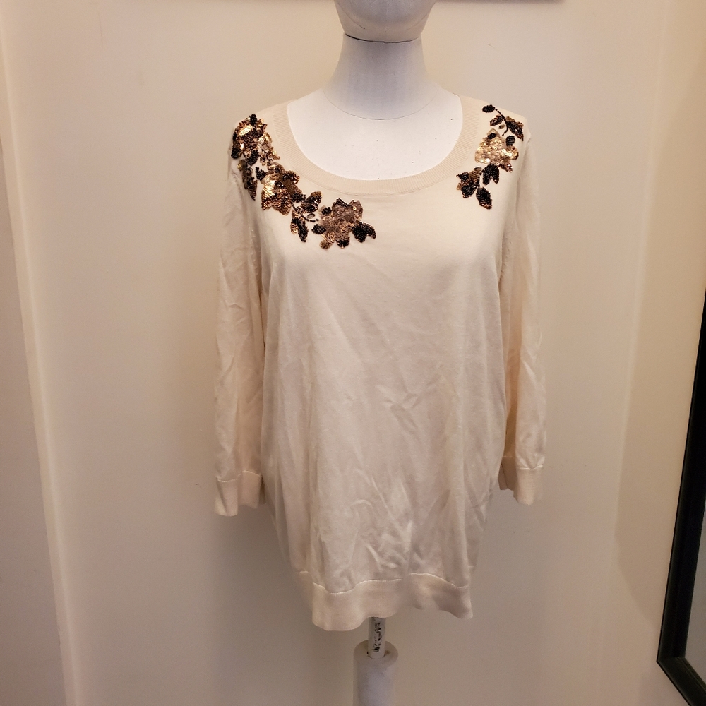 Talbots Cream Sequin Embellished Sweater